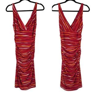 Vintage 80s Ralph Lauren Stretch Sleeveless Midi 8 Pink Striped Surplice Bodycon